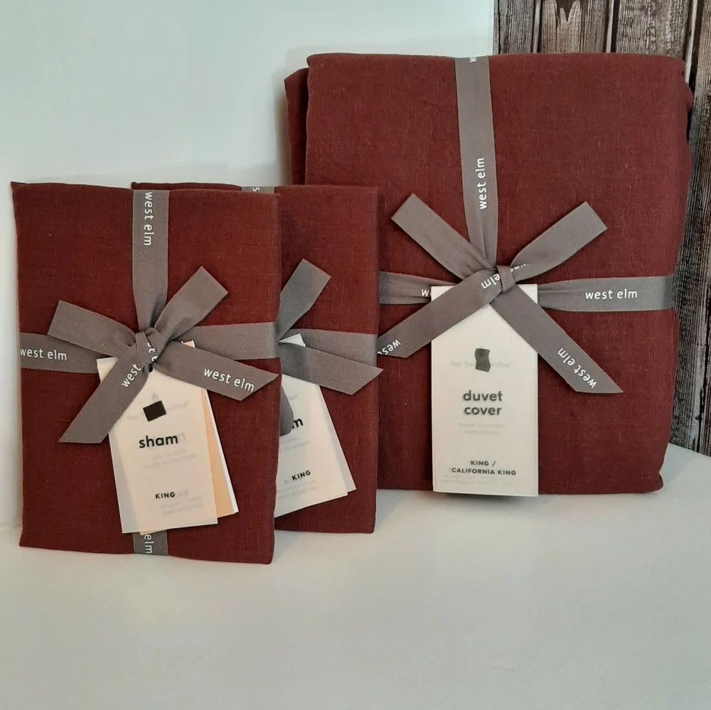 West Elm European Flax Linen King Duvet Cover & 2 King Shams Currant Red